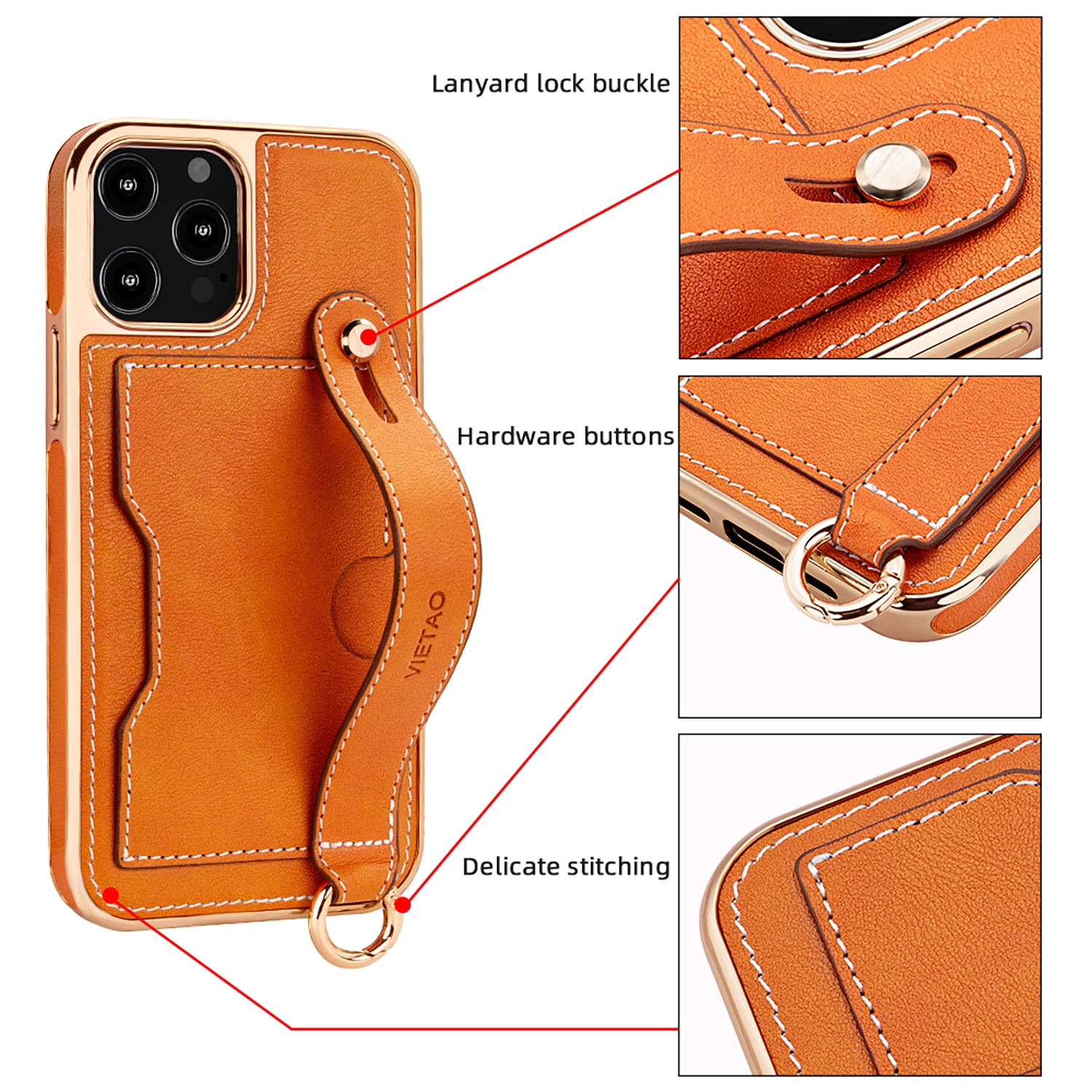 Elehold Luxury Leather Hand Strap Card Slot Case Compatible with iPhone 14 Plus 6.7 inch with Card Slot Shockproof Kickstand Lanyard for iPhone 14