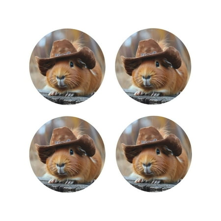 

Leather Coasters Set of 4 - Cowboy Hat Guinea Pig Lightweight Non-Slip Drink Coasters for Desk Anti-Scalding Desk Cup Coasters for Office Table Decor Round Shape