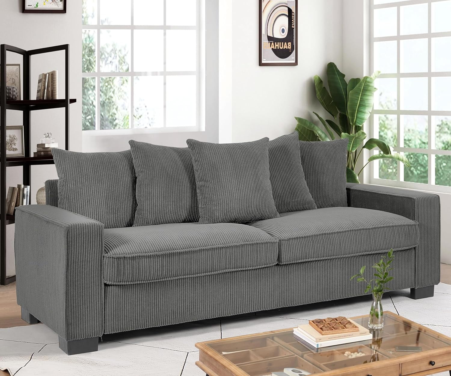 US Pride Furniture Luxe Corduroy Sofa with 5 Matching Toss Pillows, Sleek Design, Spacious and Comfortable 3 Seater Couch for Modern Living Room, Gray