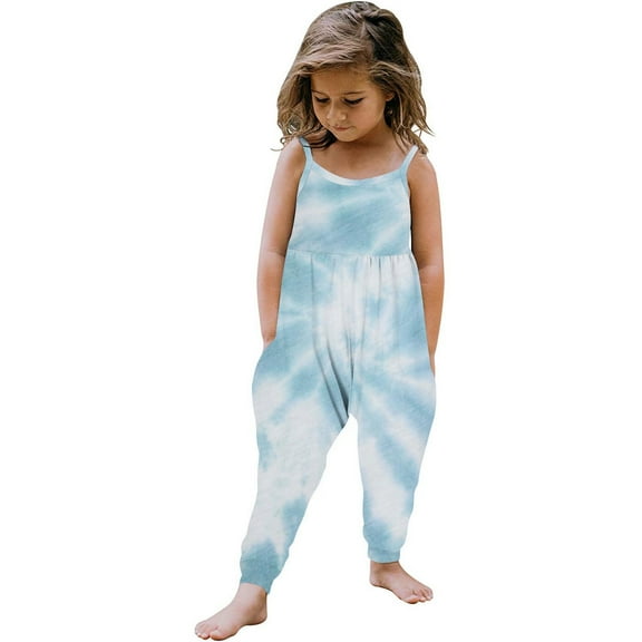 uublik Girls Rompers Printed Spaghetti Straps Long Pants Rompers With Pockets Blue, Size 1T-6