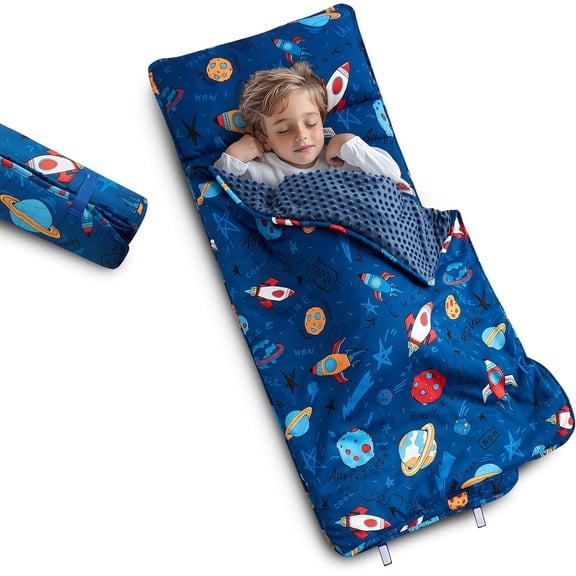 Toddler Nap Mat with Pillow and Blanket, Kids Sleeping Bag Mat for Daycare & Preschool, Roll Up Portable Soft Nap Mat for Toddlers, Boys and Girls (Ages 2-7 Years)