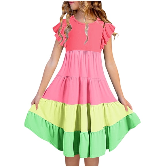 Besolor Toddler Baby Girls Summer Midi Dress Crewneck Ruffle Sleeve Color Block Tiered A-Line Flowy Beach Party Dress