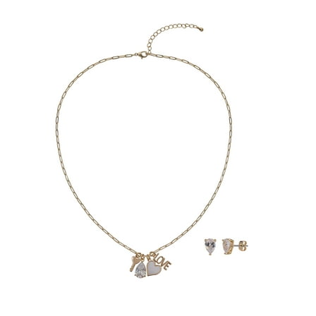 Believe by Brilliance Women's Adult Female 14kt Gold Flash Plated Heart and Love Genuine Mother of Pearl and CZ Necklace and Earring Set