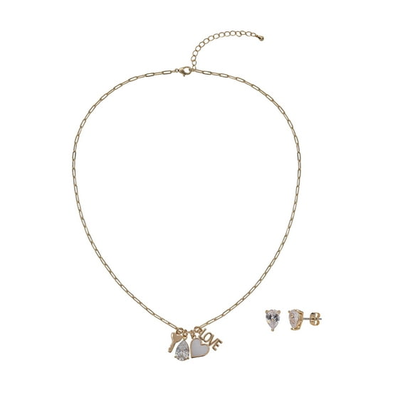 Believe by Brilliance Women's Adult Female 14kt Gold Flash Plated Heart and Love Genuine Mother of Pearl and CZ Necklace and Earring Set
