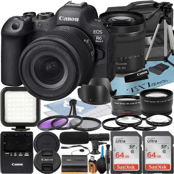 Canon EOS R6 Mark II Mirrorless Camera with RF 24-105mm Lens   2 Pack SanDisk 64GB Memory Card   LED Flash   Case   ZeeTech Accessory