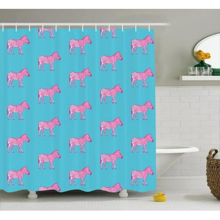 Home Fashions Zebra - Pink Zebra Shower Curtain, Zebras Savannah Fashion Grunge Stylized Exotic Lands Artsy Illustration, Fabric Bathroom Set with Hooks, 69W X 70L Inches, Blue Pink and White, by Ambesonne