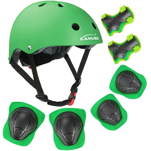 KAMUgO Kids Bike Helmet, Toddler Helmet for Ages 2-8 Boys girls with Sports Protective gear Set Knee Elbow Wrist Pads for Skateboard cycling Scooter Rollerblading (green)