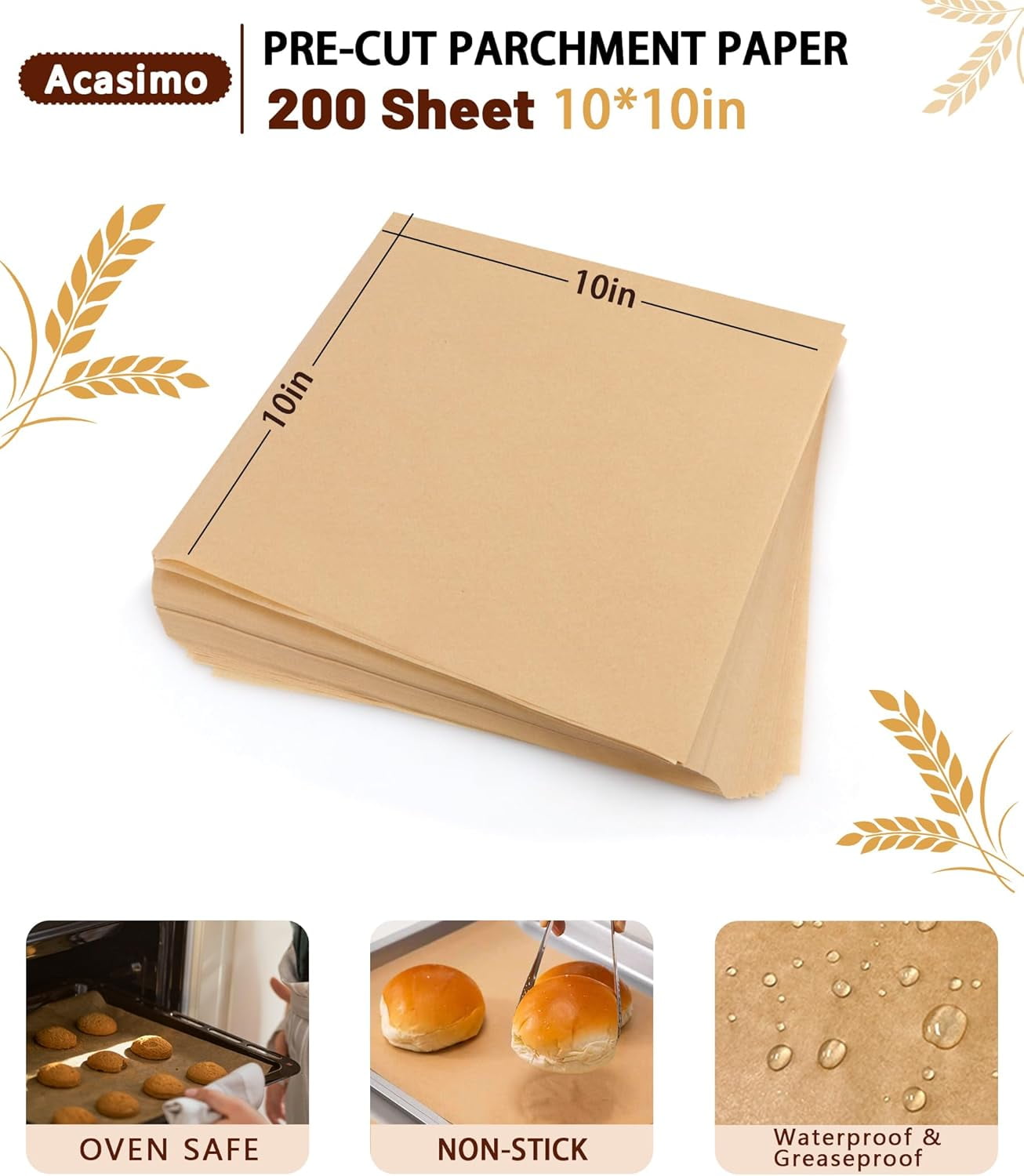 200PCS Parchment Paper Sheets, 10x10in, Squares Baking Paper for Baking, Air Fryer, Steaming, Grilling, Roasting, Wrapping, Precut Non-Stick Square Pan Liners, Oven Paper for Bread (Brown, 10x10 in)