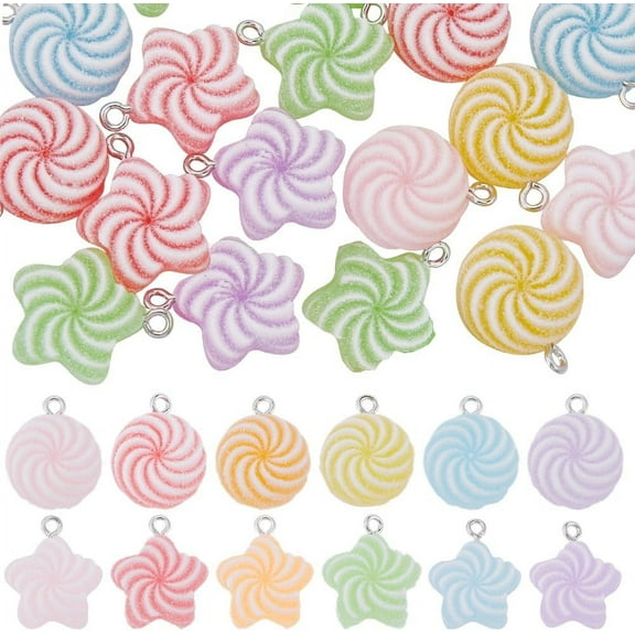 1 Box 40Pcs Resin Candy Charms Bulk Sugar Charm Colorful Flat Sweets Desesrt Kawaii Cute Star Round Snack Charm for Jewelry Making Charms Supplies DIY Crafts Ornament Necklace Decoration