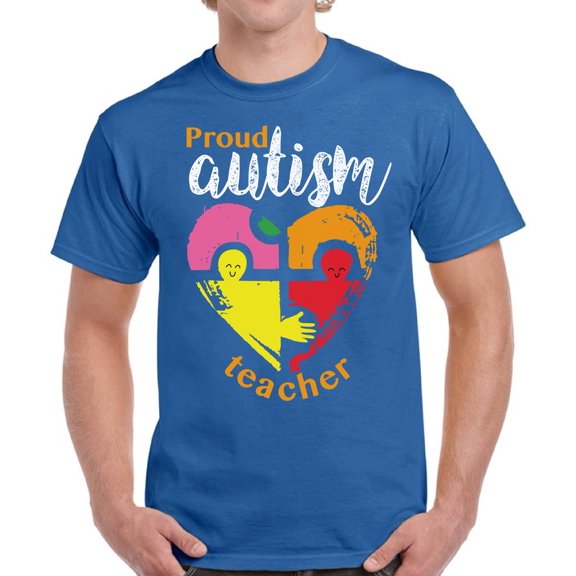 Men T-Shirt Proud Autism Teacher - Puzzle Heart Print Graphic Tee - S M L XL 2XL 3XL 4XL 5XL