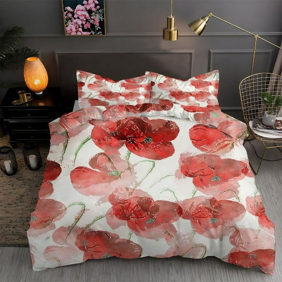 Flower Duvet Cover Set Little Red Spring Summer Time Garden Florals Poppy Decorative 3 Piece Beddin