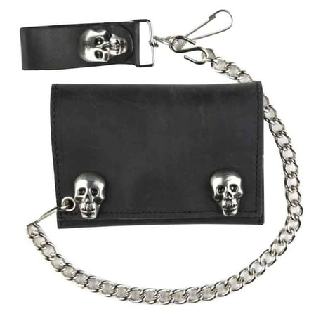 Genuine Leather Men&#39;s Metal Skull Snaps Tri-Fold Biker Chain Wallet, Black SK328 - 0