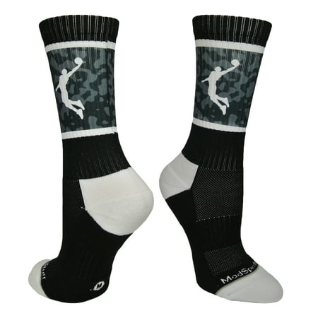 MadSportsStuff Basketball Socks with Player on Camo Athletic Crew Socks (Black/White, (Best Socks For Basketball Blisters)