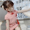 thumbnail image 3 of Chinese Toddler Baby Girls Dress Floral Plaid Qipao Short Sleeve Cheongsam Wedding Dresses Princess Birthday Party Costume 1-6Years, 3 of 5