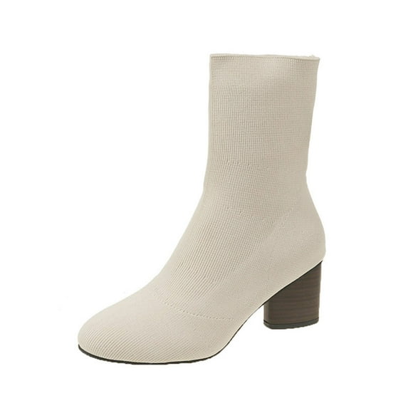PEZHADA Women'S Ankle Boots,Boots pour les Femmes, les Femmes Plus la Taille Talons Épais Couleur Unie Volant Tissé Pointu Élastique Chaussettes Boots pour les Femmes Beige