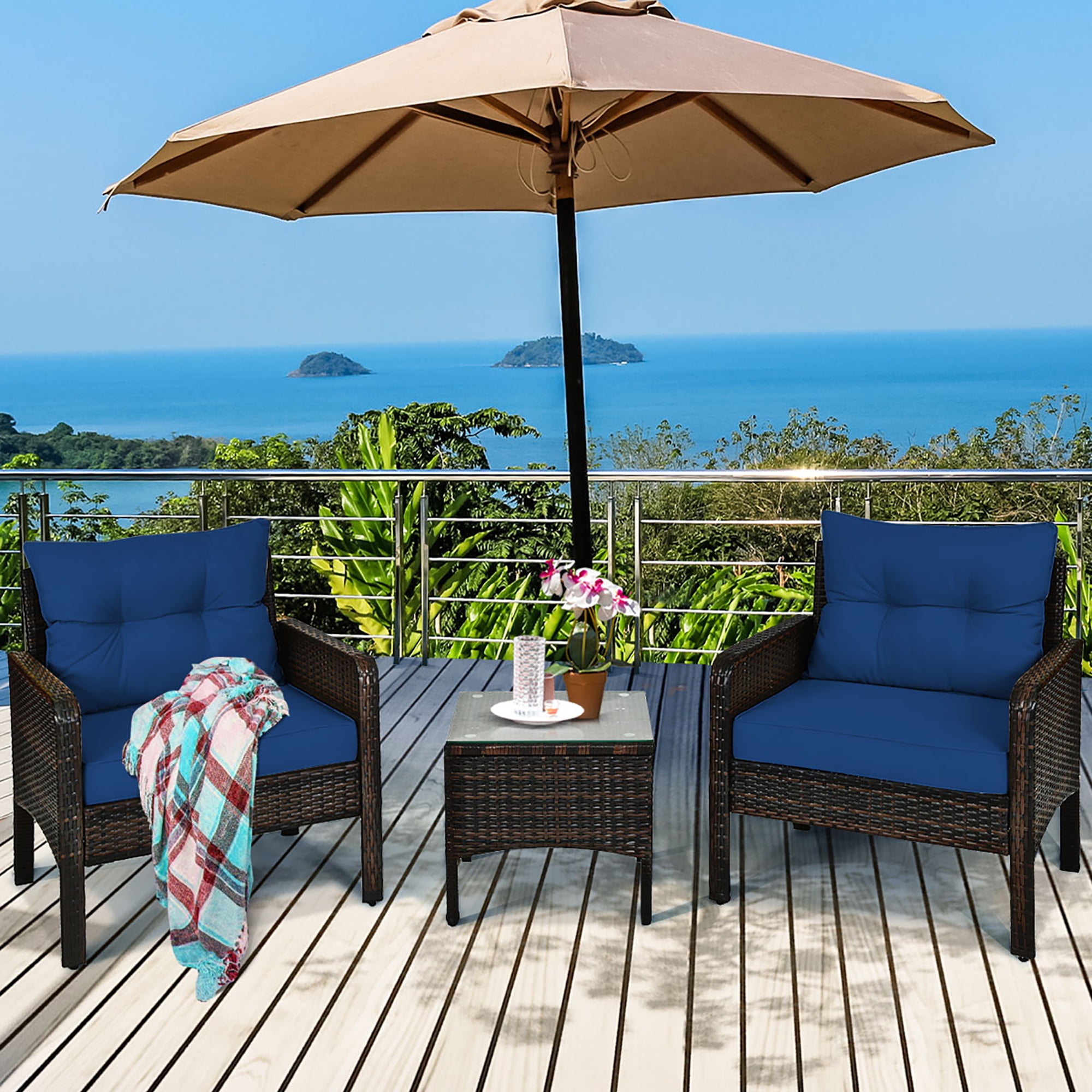 Costway 3PCS Outdoor Rattan Conversation Set Patio Garden Cushioned Sofa Chair Navy