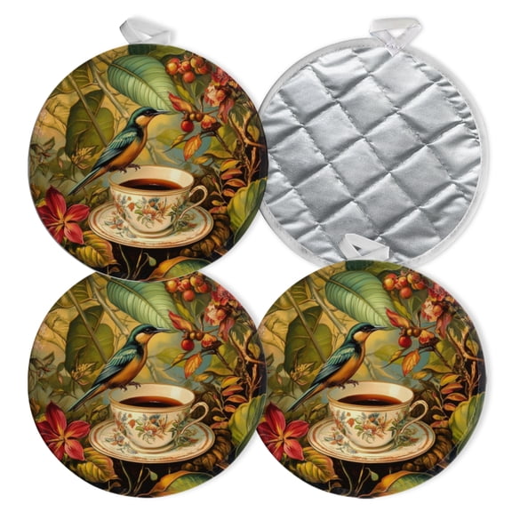 4 PCS Pot Holders for Kitchen,Potholders Sets with Hook for Oven,Cooking,Baking,Tea - Cup With Exotic Bird And Flora