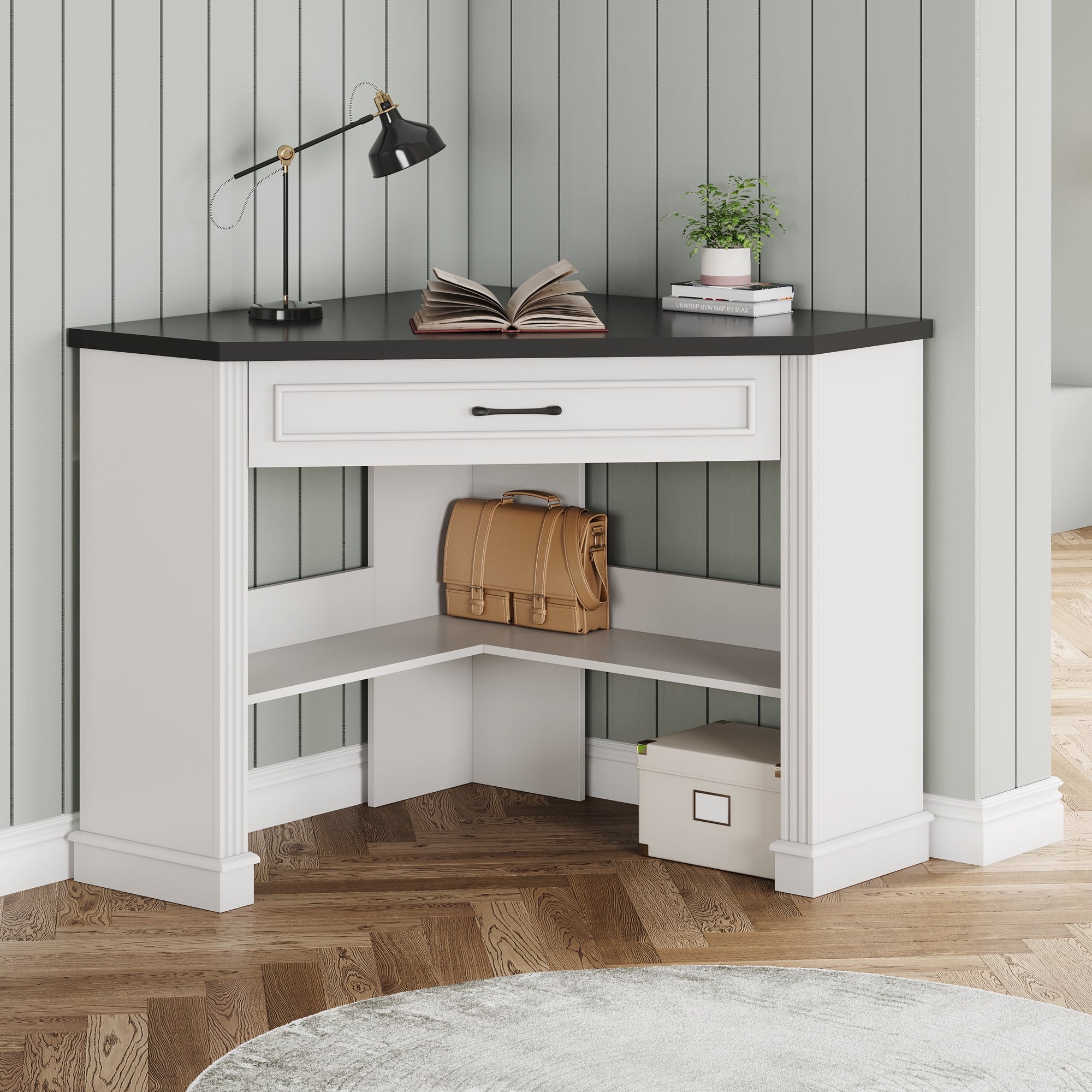 SEDETA Corner Desk for Small Space, 31.5 Inch Triangle Computer Desk with Drawer & Open Shelves for Home Office, Bedroom, Living Room, Small Farmhouse Corner Desk with Storage, White