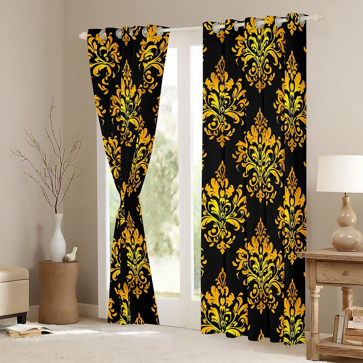 Erosebridal Gothic Floral Curtains and Drapes(38x45),Gold Jacquard Blackout Curtains for Bedroom,Boho Bohemain Flower Curtains Pack of 2(38x45),Lightweight Room Decor
