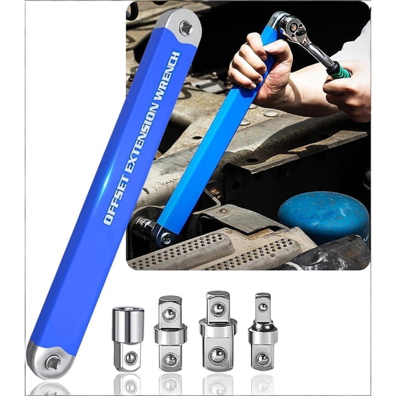 PRO Offset Extension Wrench, Pro Zero Offset Extension Wrench Impact with 1/2", 1/4" and 3/8" Square Drive Adapters, Zero Degree Ratchet Tool for Car (1Set)