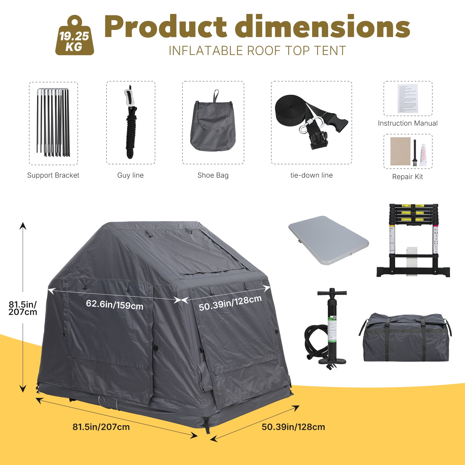 Inflatable Rooftop Tent with Air Mattress & Ladder, Waterproof Windproof Pop-Up SUV Truck Car Camping Tent with Air Pump for Overland & Outdoor Camping (Black & Grey)