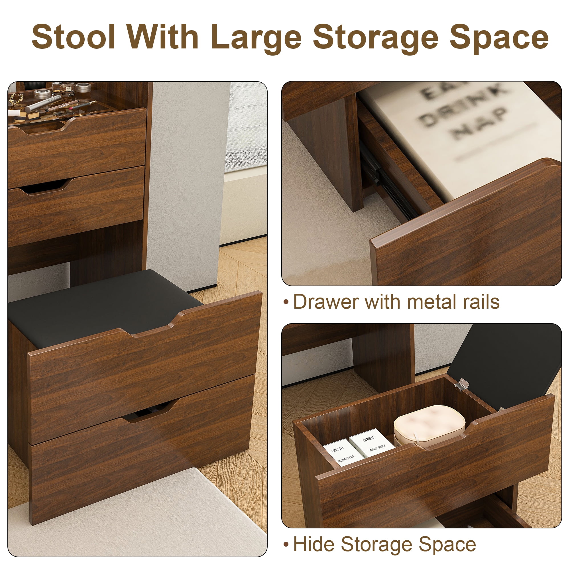 3-in-1 Vanity Desk with Lighted Mirror & Stool, Flip Top Makeup Dressing Table, Compact Storage for Bedroom, Bathroom, Dressing Room (23.62"L, Walnut)
