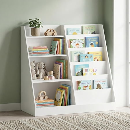 New New Kids Bookshelf and Toy Storage Organizer, Multifunctional 4 Tier Wooden Kids Book Shelf with Bookcase Display Stand in Kids Room Playroom Nursery for Kids, Children, Toddlers (White)