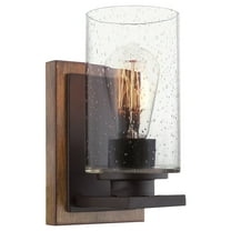 Kira Home Sedona 9" Modern Rustic Wall Sconce   Seeded Glass Cylinder Shade, Oil Rubbed Bronze   Wood Style Walnut