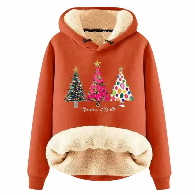 Sweat à Capuche Imprimé Série de Noël en Velours Décontracté pour Femmes, Vêtements d'Hiver Légers, Robe à Manches Longues Zippée Orange TTG