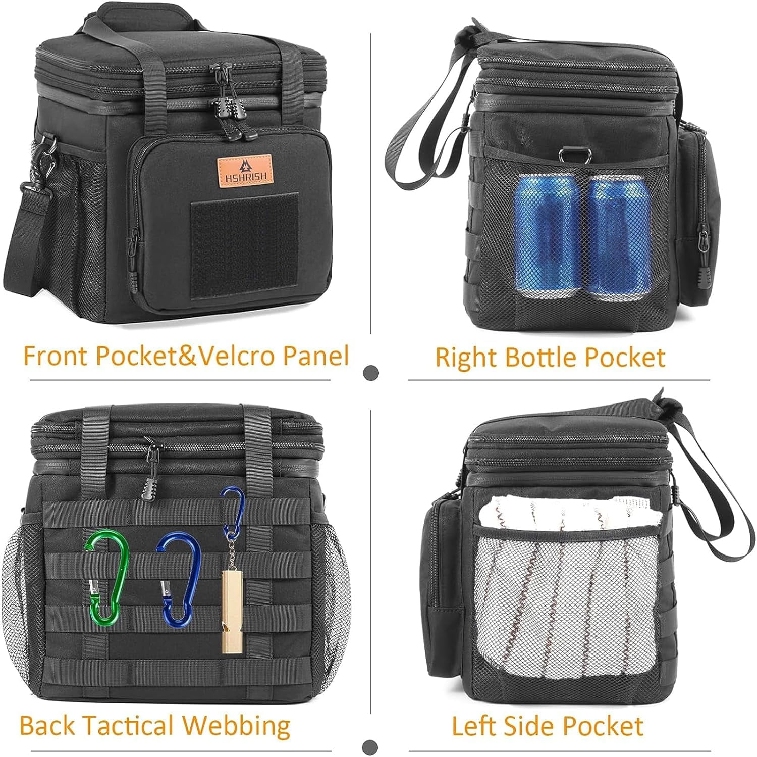 HSHRISH Expandable Large Tactical Lunch Box for Adults, Durable Insulated Lunch Bag with Shoulder Strap, Soft Cooler Bag for Men Work Outdoor Picnic Trips, 20 Can/16 L, Black