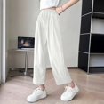 thumbnail image 2 of Girls Lightweight Crinkled Pants, Elastic High Waist Loose Wide Leg Casual Cropped Trousers with Side Pockets 5-15Y White, 2 of 6