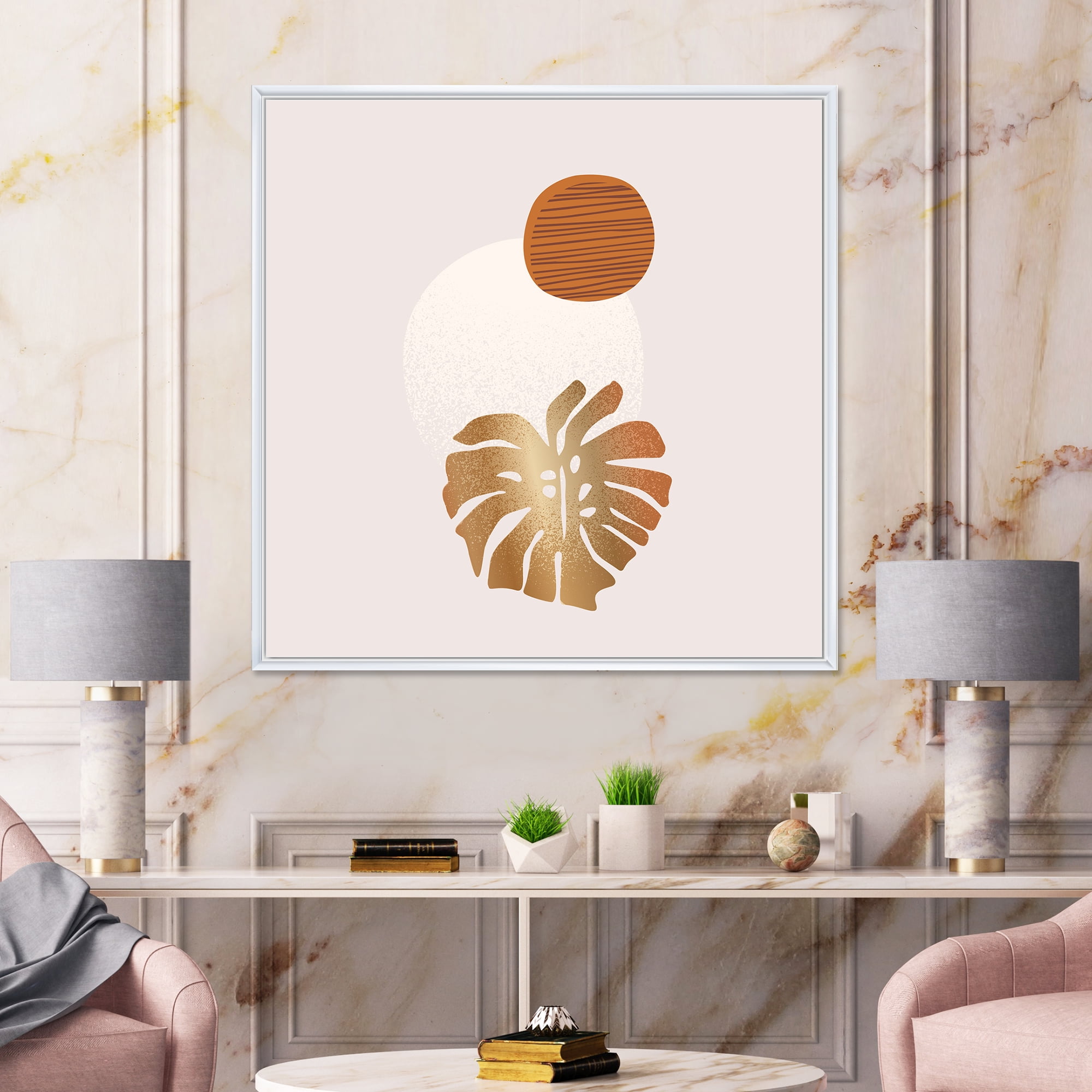 Designart 'Abstract Geometry Shapes and Tropical Palm Leaf II' Modern Framed Canvas Wall Art Print