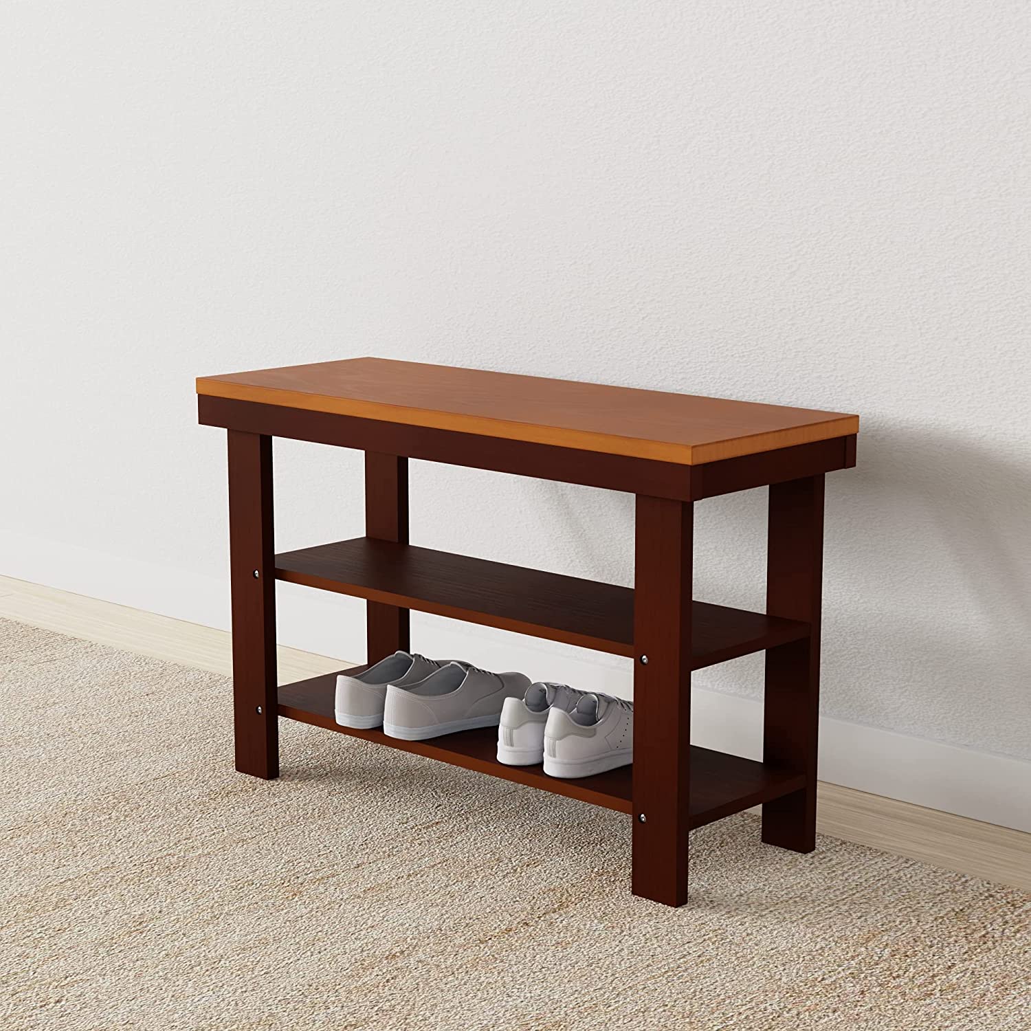 Solid Pine Wood Entryway Shoe Rack Bench, Espresso