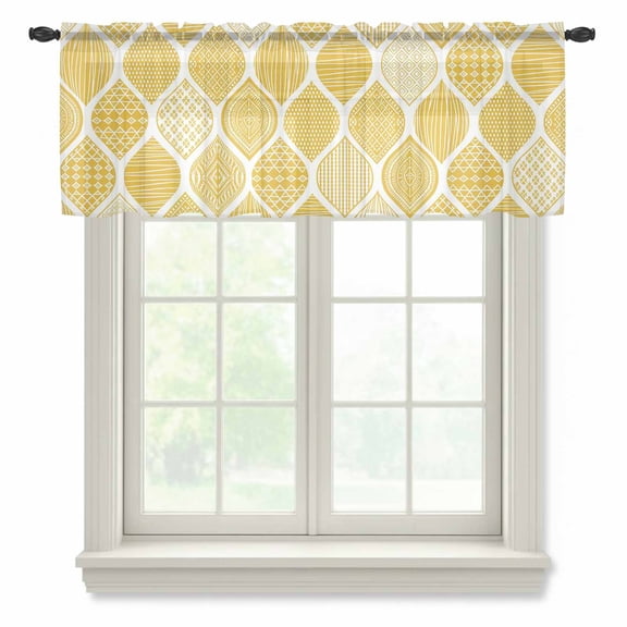 Yellow Geometric Valance Curtains for Kitchen/Living Room/Bathroom/Bedroom Window, Rod Pocket Small Topper Half Short Window Curtains Voile Sheer Scarf, Morocco Modern Abstract Plaid Art 54"x18"