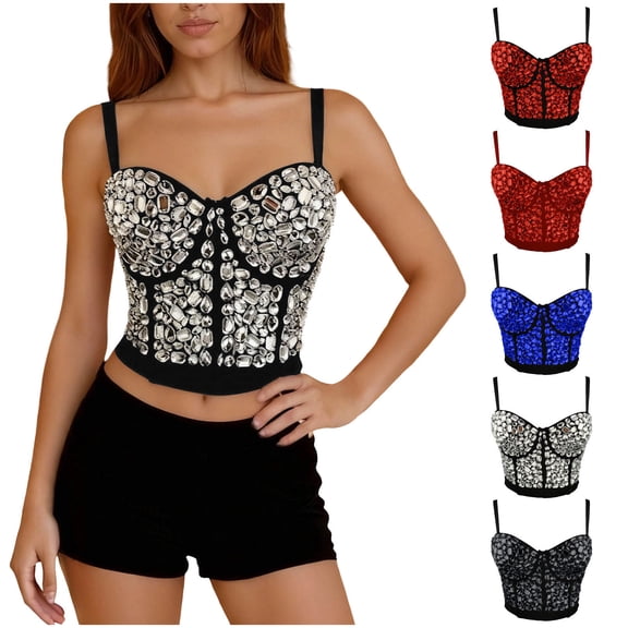 Abomasnow Women's Rhinestone Crystal Bustier Crop Top Casual Comfort Punk Club Party Corset Tops