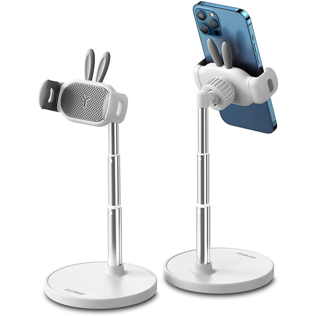 Hermoso soporte para teléfono de escritorio, conejo ajustable, rotación de 360°, compatible con teléfonos inteligentes de 4 a 7 pulgadas (blanco)
