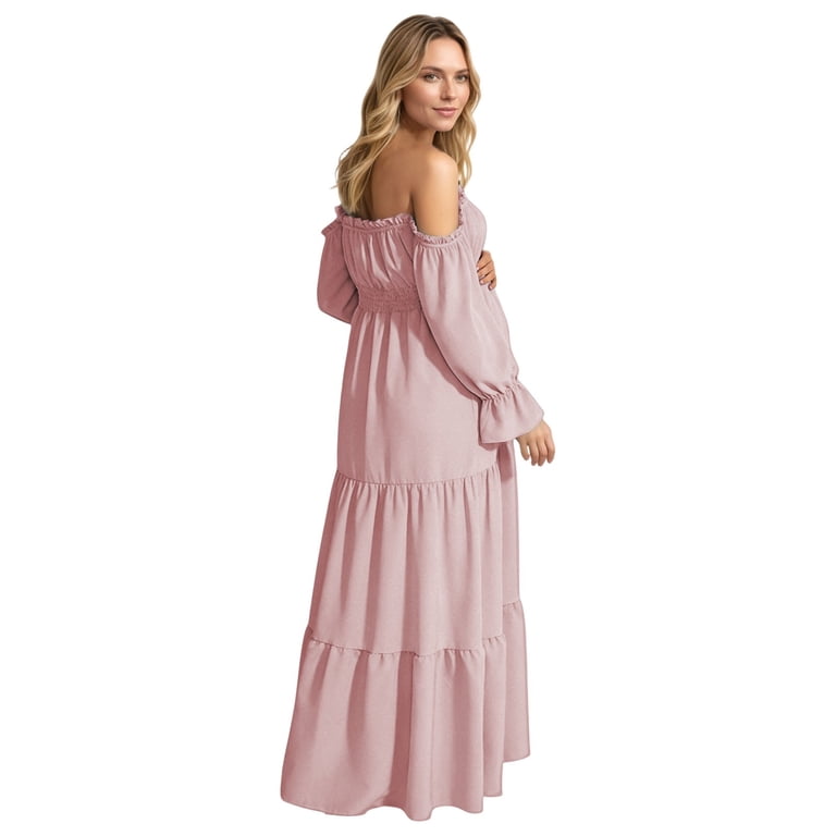 pink long sleeve maternity dress for baby shower Momyknows Pink Knit Falbala Ruffle Hem Single Breasted Flare Sleeve Bodycon Elegant Hoing Out Maternity Babyshower Maxi Sweater Dress, Pink / S