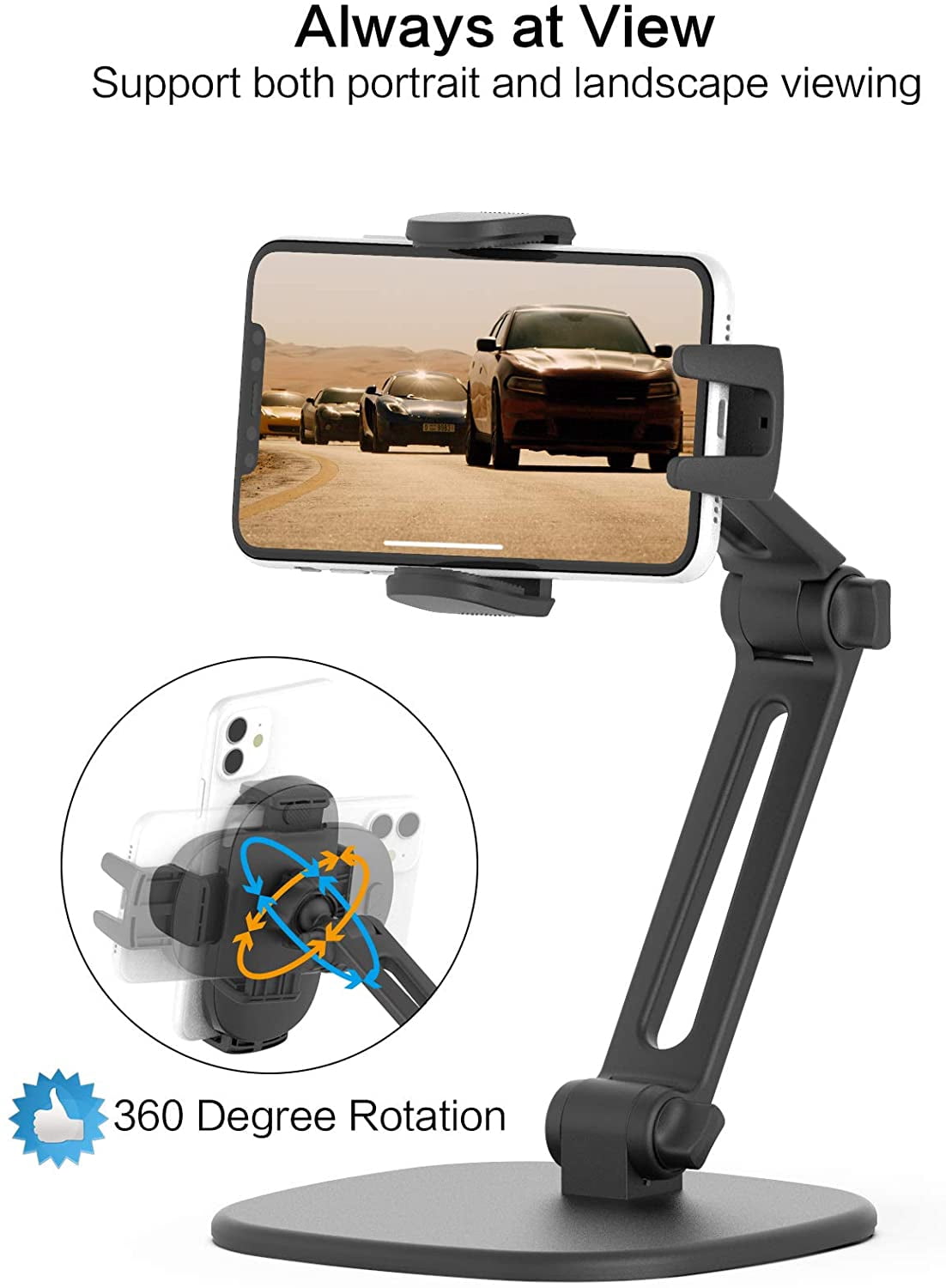 Phone Stand for Desk [No Dropping Stable Triple-Clamp Holder] Adjustable Height 360 Degree Rotation Heavy Base Thick Case Friendly, Multifunctional Cell Phones Stand for iPhone Android Phones