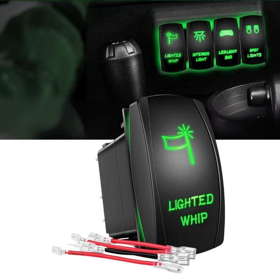 Waywe Lighted Whip Rocker Switch Led Light Bar 5Pin Laser On Off SPST switches 20A 12V 10A 24V Green with Jumper Wires Set for Cars Trucks RVs