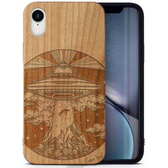 Case Yard Wooden Case Outside Soft TPU Silicone, Slim Fit Shockproof Wood Protective Phone Cover for Girls Boys Men and Women, Supports Wireless Charging Alien Spaceship Design case for iPhone-XR