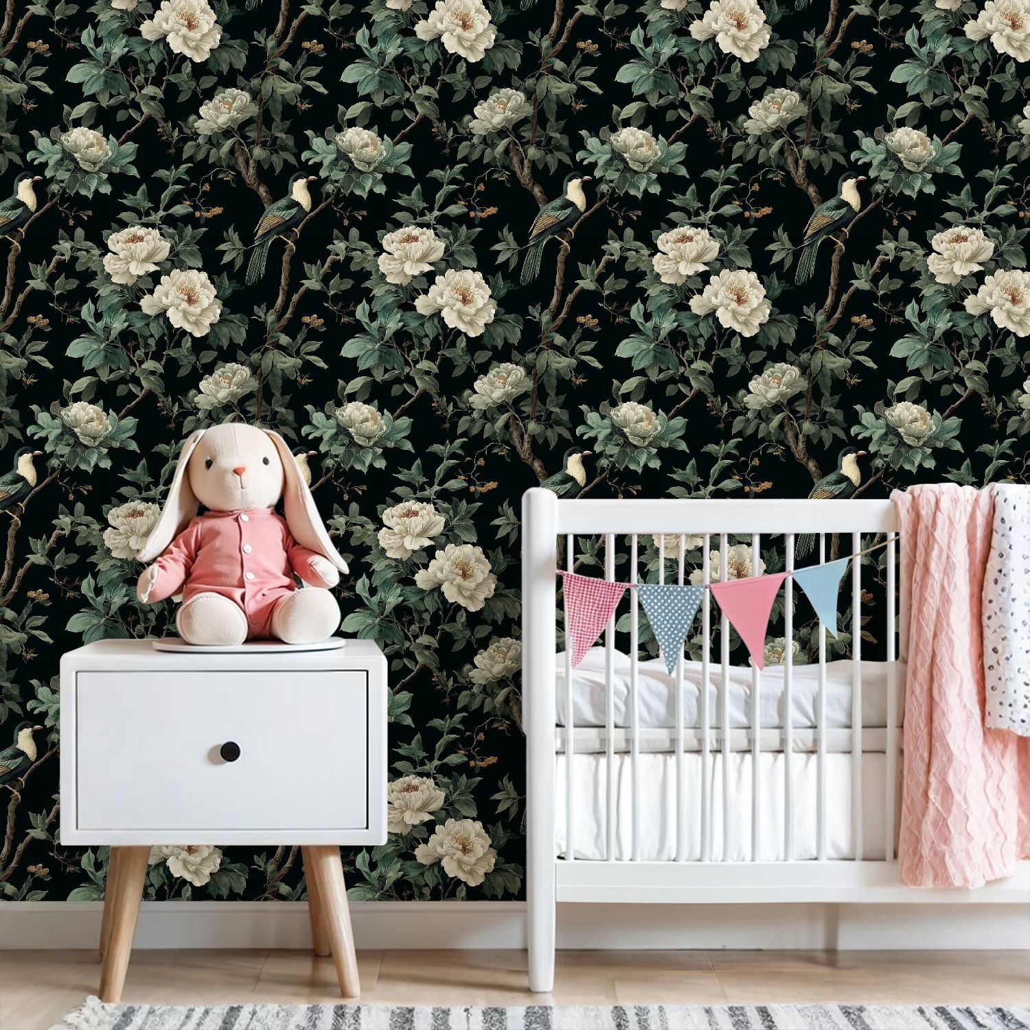 Peel and Stick Wallpaper Vintage Botanical White Peonies Birds Dark Green Wall Mural 23.6in x 9.8ft Self Adhesive Removable Wall Paper Renter Friendly Wallpaper for Girls Women Bedroom Livingroom
