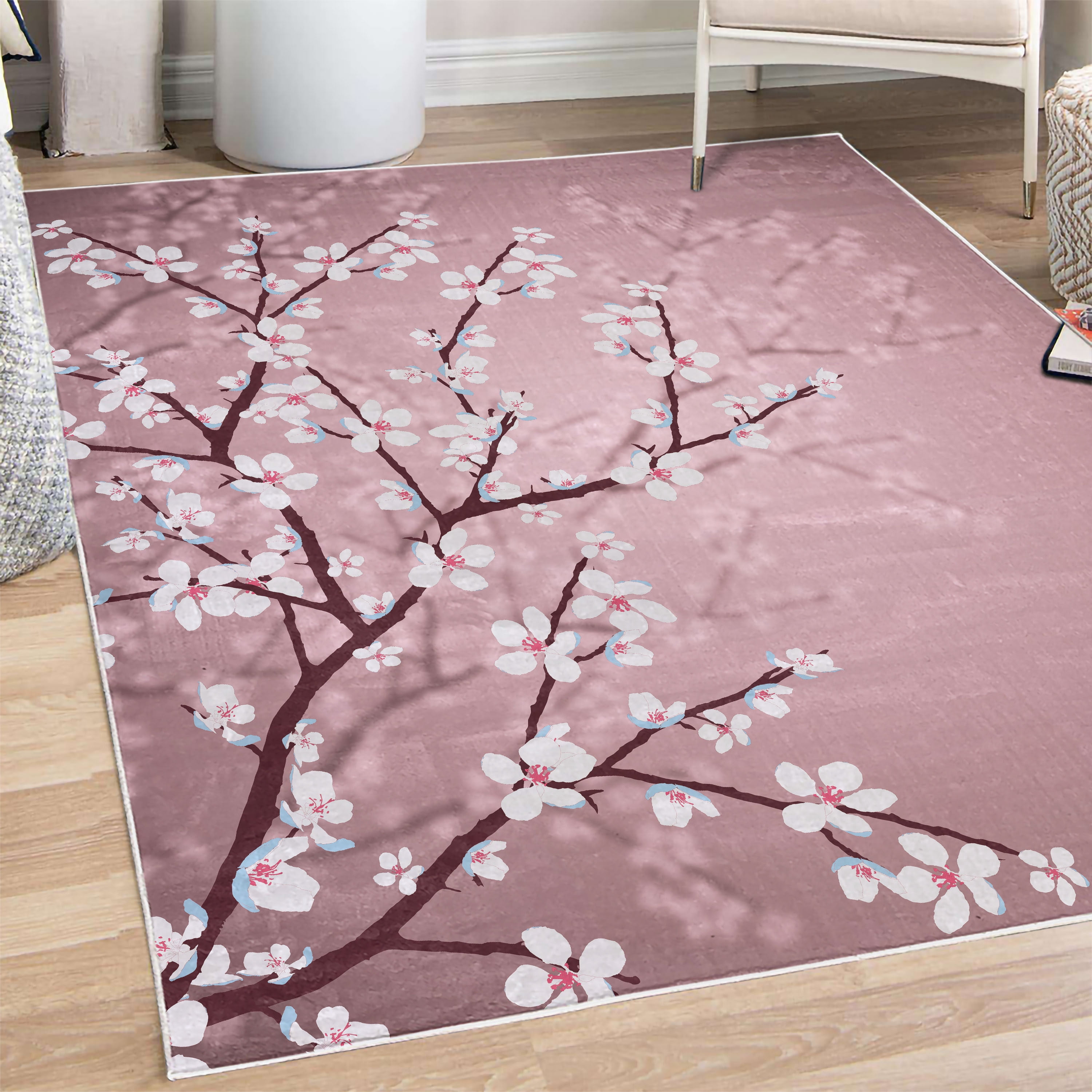 Pink Japanese Rug Japanese Decorative Rug, Spring Season Sakura Bloom Design Marine Toned ...