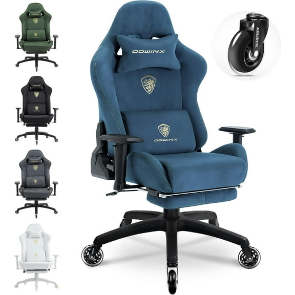 Dowinx Gaming Chair,Breathable Suede Fabric Game Chair with 3D Armrest and PU Wheels,Big and Tall Gaming Chair with Massage Lumbar Support,Ergonomic Computer Chair with Footrest,Blue