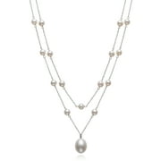 Cultured Freshwater Pearl Sterling Silver Double Row Station Necklace