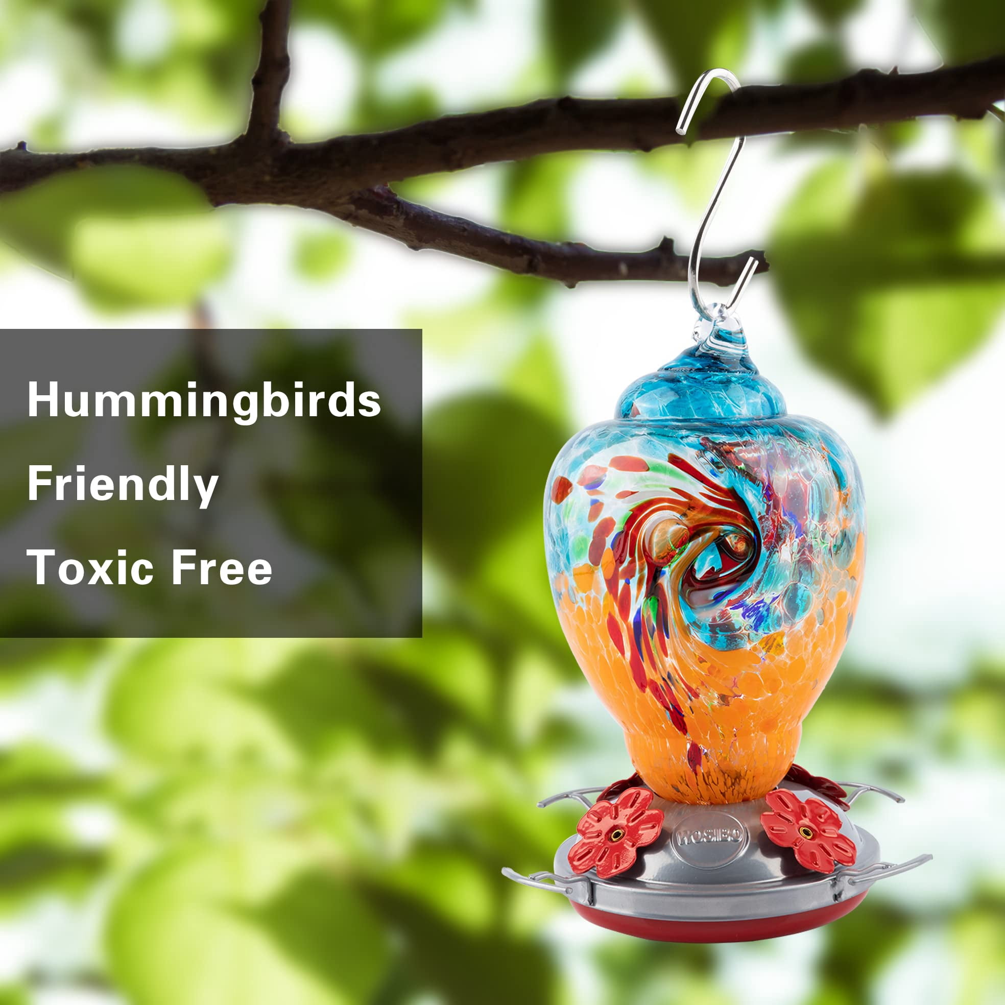 Hummingbird Feeder For Outdoors Patio Large 32 Ounces Colorful Hand Blown Glass With Ant Moat Hanging Hook  Rope Brush And Service Card (blue-orange)