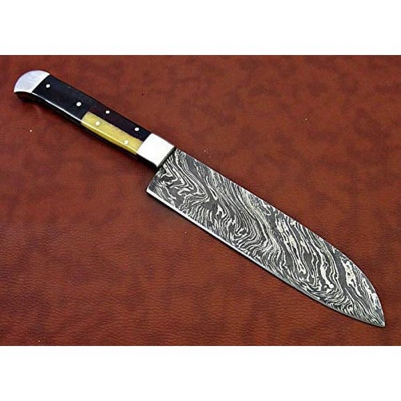Damascus Steel Santoku Knife, 13 Inches Long with 7" Long Hand Forged Blade, Combination of Walnut Wood, Camel Bone & Bull Horn Scale with Steel Bolster