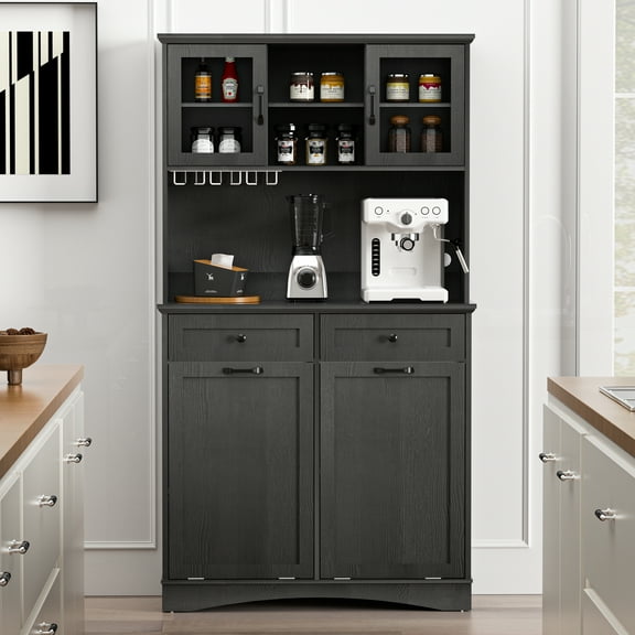 HARIPUL 2-in-1 Kitchen Trash Cabinet & Pantry Cabinet, 26 Gallon Garbage Can, Freestanding Tilt Out Storage Cabinet w/ Shelves for Kitchen & Living Room, Black