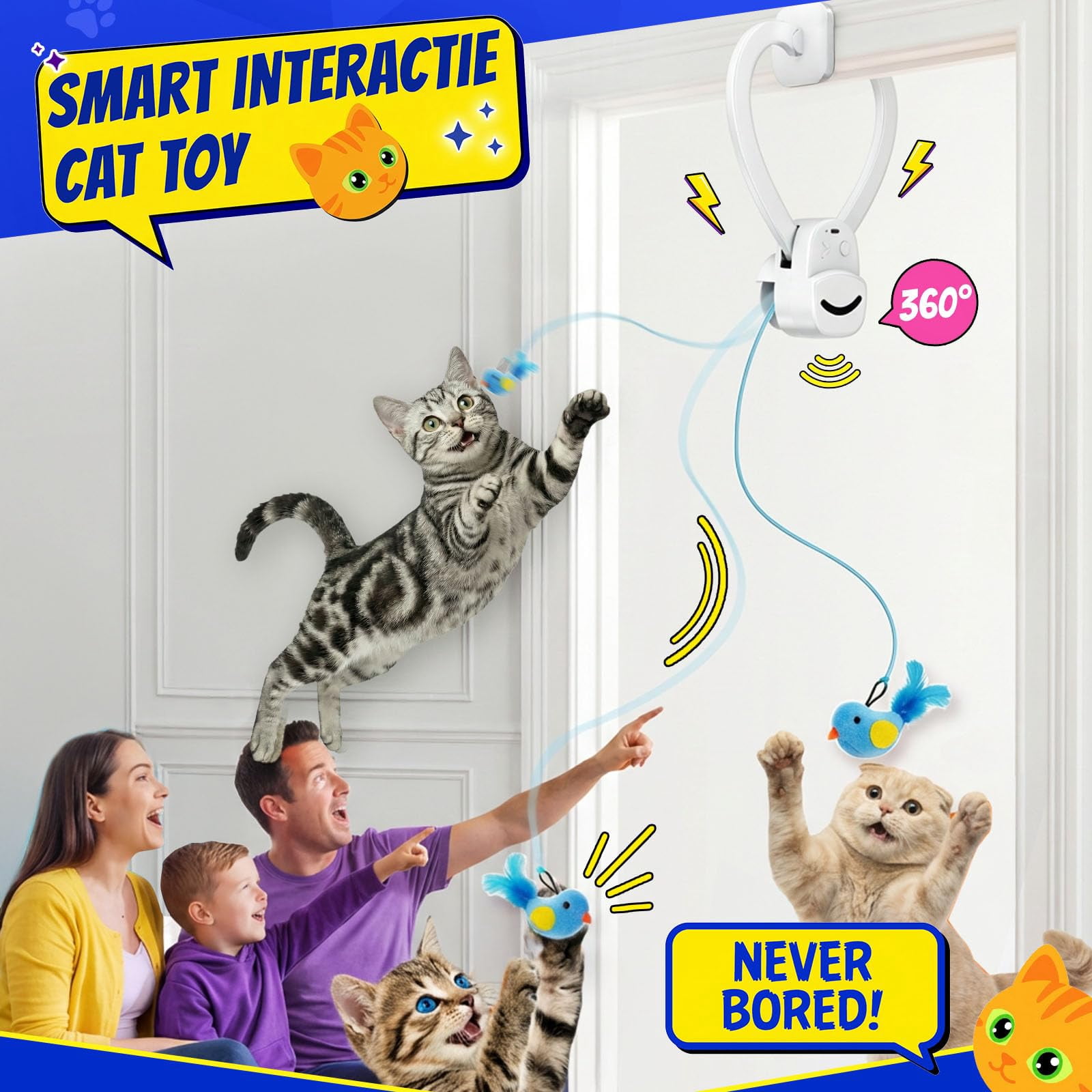 Interactive Cat Toys For Indoor Cats - Automatic Flying Bird & Mouse Doorway Hanging  Usb Rechargeable Electric Kitten Instinct Enrichment Exercise 2 Birds 1