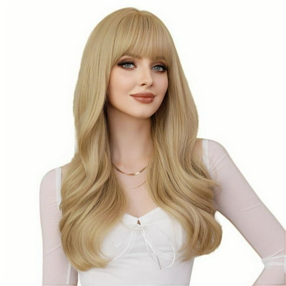 PEAKIN Fashion Women's 22 inch Wig Natural Blonde Long Curly Wig with Bangs High Temperature Fiber Wig Ironable
