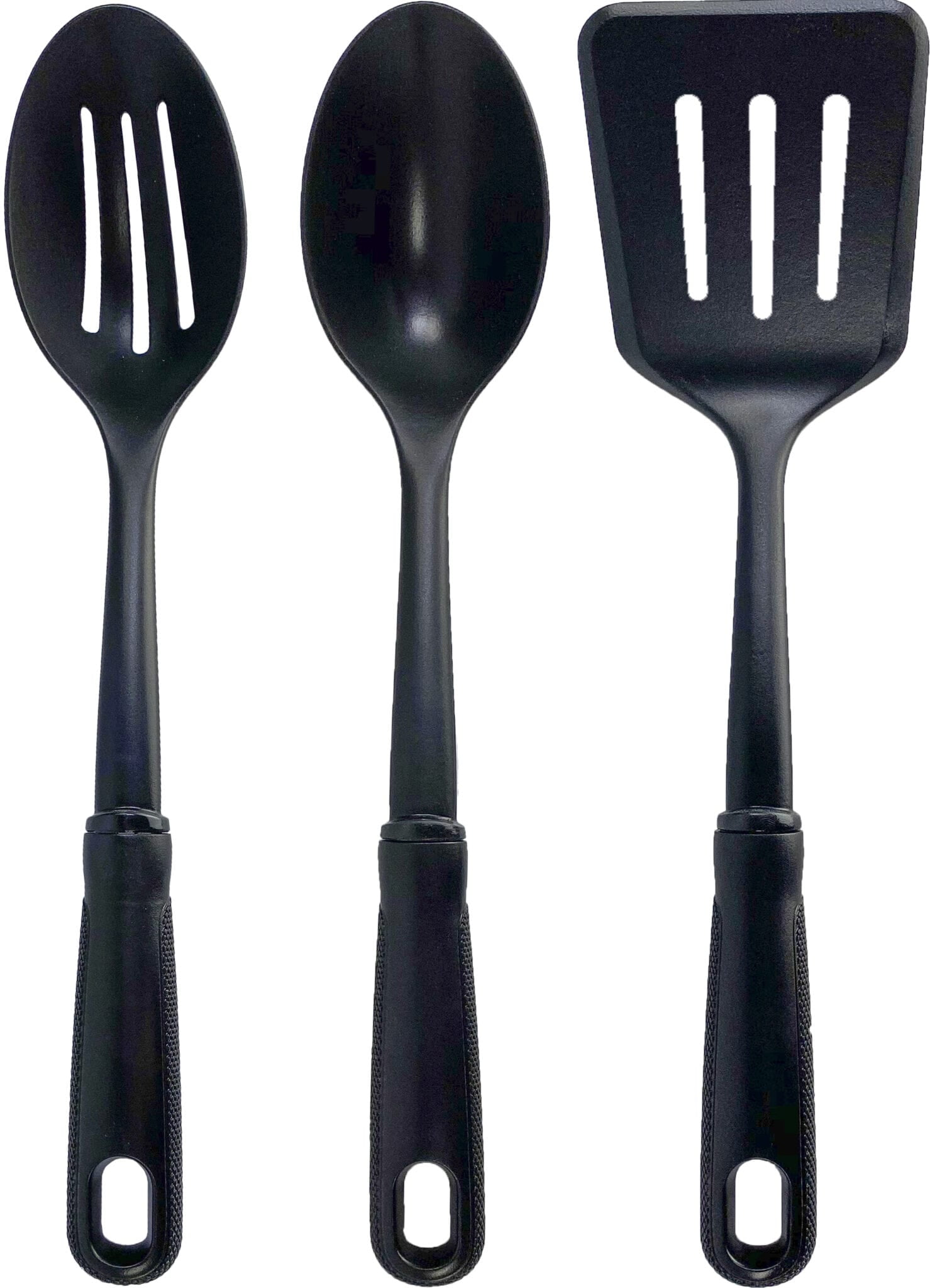 Mainstays 3-Piece Kitchen Utensil Set, Slotted Spatula, Slotted Spoon and Solid Spoon, Black, Nylon